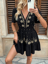 V-Neck Embroidered Waist Slimming A-Line Short Dress